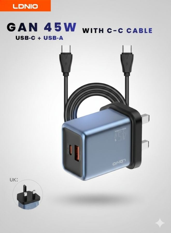 LDNIO محول شحن فائق السرعة 45 واط GaN Q12 - شاحن مزدوج USB-C و USB-A مع شريحة ذكية، حماية من الحرارة لأجهزة iPhone و Samsung Galaxy - Image 1